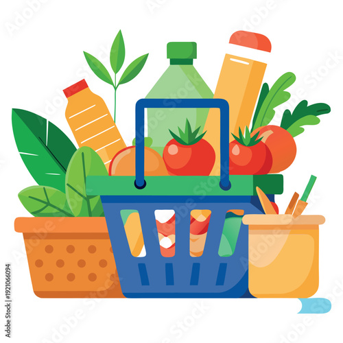 Colorful Grocery Shopping Basket Illustration with Fresh Vegetables, Fruits, and Food Items on white background