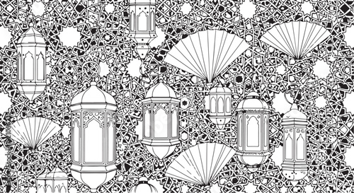 Intricate black and white pattern featuring traditional lanterns, hand fans, and floral motifs