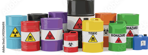 Hazardous waste container vector set with industrial drums and jugs featuring biohazard radiation and toxic warning labels