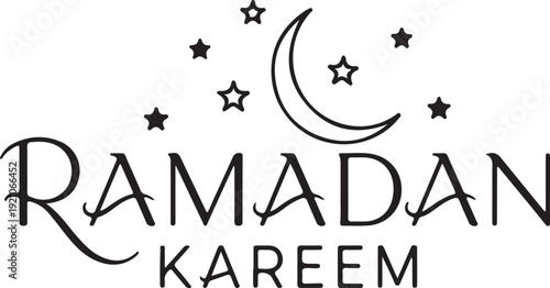 Ramadan kareem greeting with a crescent moon and stars in a minimalist black and white design.