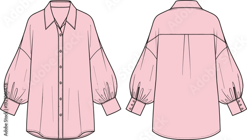 Front and back view oversized blouse technical fashion sketch, long sleeve button down shirt template isolated on white background for apparel design