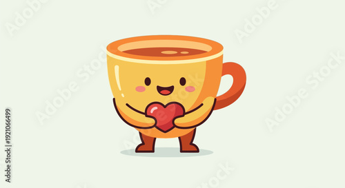 Cartoon Coffee Cup Character Holding Heart.