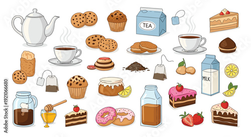 Large collection of tea time items including teapot, mugs, muffins, cookies, cakes, honey, and milk for a breakfast set.