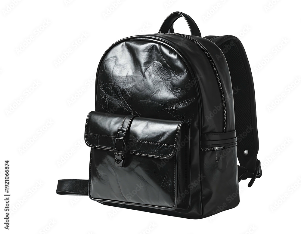 Naklejka premium Stylish Black Leather Backpack with Front Pocket and Handle.