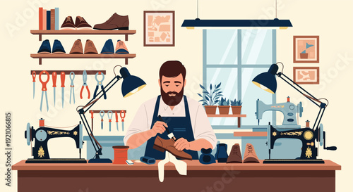 Shoemaker working at a traditional cobbler workbench surrounded by tools, sewing machines, and leather shoes in a workshop.