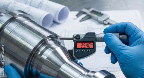 Precision quality control measurement of steel turbine component using digital micrometer in industrial workshop bay