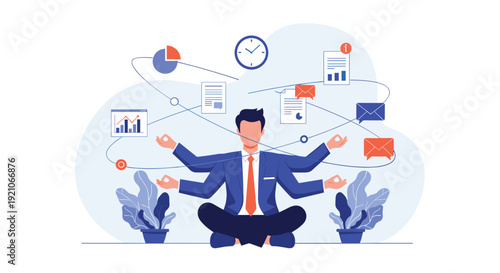 Multi-tasking businessman in a suit meditating while managing multiple tasks like emails, charts, and schedules efficiently.