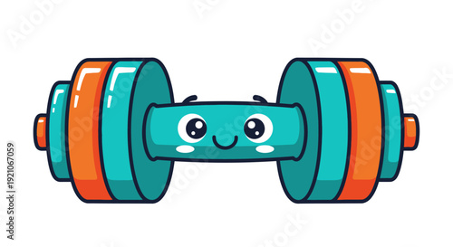 Cartoon dumbbell with smiling face character illustration.