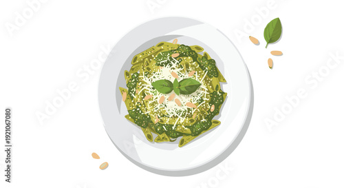 Overhead view of a delicious plate of penne pasta with green pesto sauce, pine nuts, and fresh basil leaves for a meal.