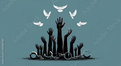 A powerful illustration of human hands reaching towards doves, symbolizing liberation, peace, hope, and the triumph over oppression as broken shackles lie below