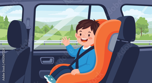 Young child smiling and waving through a car window while sitting safely in an orange car seat during a family trip.