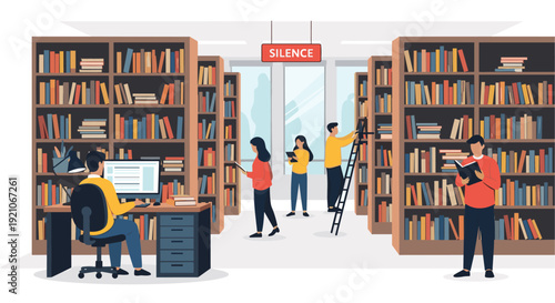 People working, studying, and reading books in a large modern library with high bookshelves and a silence sign for focus.
