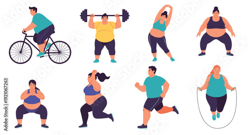 Group of plus-size people engaged in various fitness activities like running, cycling, and weightlifting for health and wellness.
