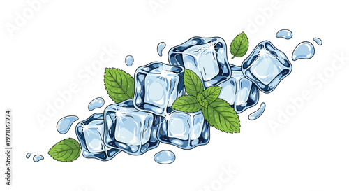 Cool and refreshing ice cubes with fresh green mint leaves and crystal clear water splashes for a summer drink theme.