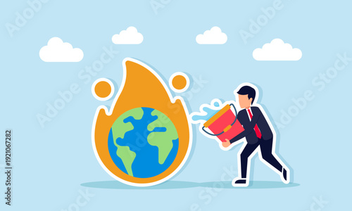 Businessman Watering Burning Globe Illustration of Solution for Environmental Damage Caused by Uncontrolled Business Exploitation