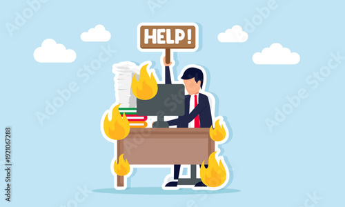 Businessman at Work Desk Holding Help Sign Illustration of Needing Assistance to Meet Business Project Deadline