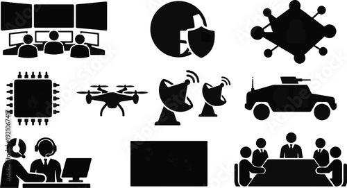 Multiple technology and security icons are presented in a grid format for a modern interface design.