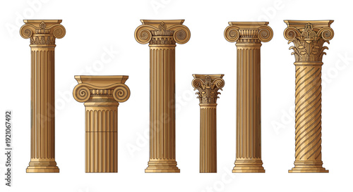 Set of classic architectural columns featuring Doric, Ionic, and Corinthian styles with intricate details and carvings.