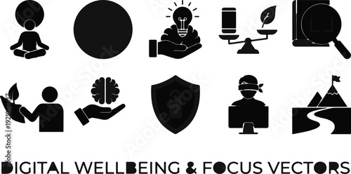 Collection of black vector icons symbolizing digital wellbeing and focus with clear, distinct silhouettes on a white background.