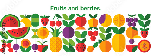 A flat, geometric illustration of various fruits and berries arranged in a horizontal pattern against a white backgroun
