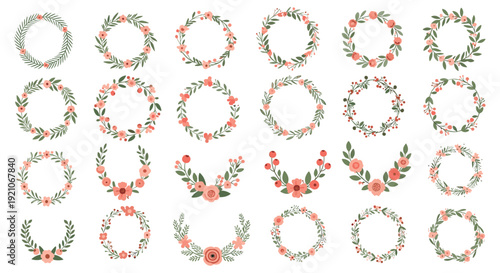 Extensive collection of colorful floral wreaths and semicircular flower arrangements featuring delicate pink blooms and vibrant green leaves.