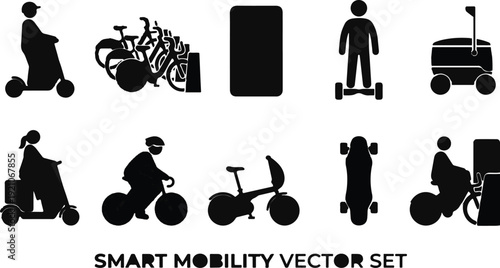 Collection of diverse urban mobility icons showcases various personal electric vehicles and transport solutions for city living.