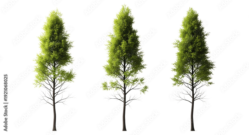 Obraz premium Trio of Majestic Trees: Three stately trees stand tall, their vibrant green foliage creating a sense of natural symmetry and serenity, embodying the beauty and resilience of the environment.