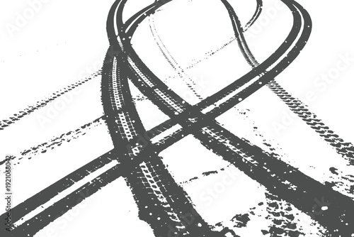 Black tire tracks silhouette on white background.Set of grunge tire track stencils for automotive design.