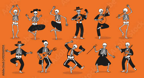 Energetic collection of dancing and music-playing skeletons dressed in traditional costumes, set against a vibrant bright orange background.