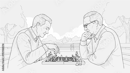 senior men playing chess in a park engaged in a thoughtful outdoor leisure activity illustrating mental acuity and friendship.