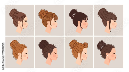 showcasing various bun hairstyles for women from elegant braided updos to messy everyday looks ideal for beauty and fashion content.