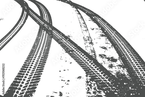 Black tire tracks silhouette on white background.Set of grunge tire track stencils for automotive design.