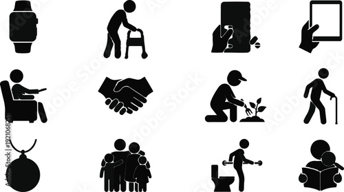 Diverse pictograms illustrate various human activities and assistive devices, showcasing modern life elements and personal care.