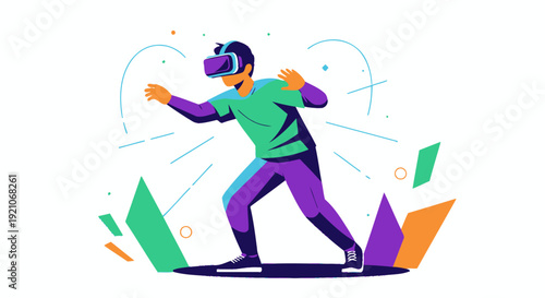 A stylized illustration of a person wearing a virtual reality headset, actively engaging with a digital world, surrounded by abstract geometric shapes.