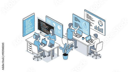 software development team analyzing code and data visualizations in a collaborative office illustrating digital transformation.