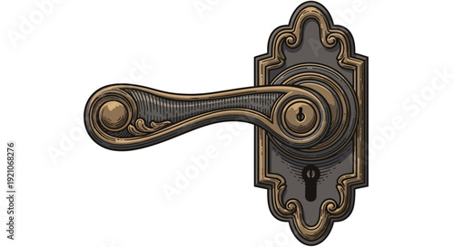 A detailed, ornate vintage bronze door handle with an antique design and keyhole.