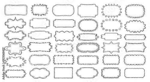 Extensive collection of diverse hand-drawn decorative frames and borders featuring a wide array of ornamental and geometric patterns.