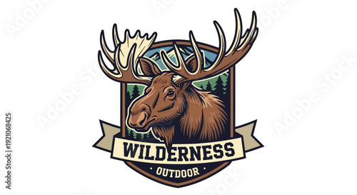 A majestic moose with large antlers stands proudly in a wilderness landscape, embodying the spirit of the outdoors.