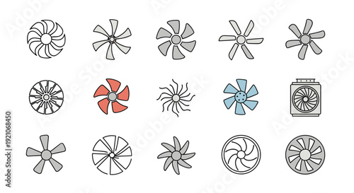 Comprehensive set of icons displaying various designs of cooling fans and air vents in diverse colors and shapes against a white background.