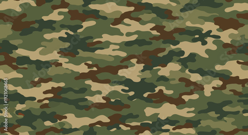 A seamless pattern of woodland camouflage with irregular shapes in shades of green, brown, and tan.