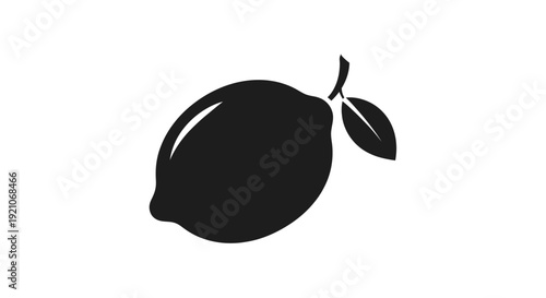 A simple black silhouette of a lemon with two leaves attached to its stem.