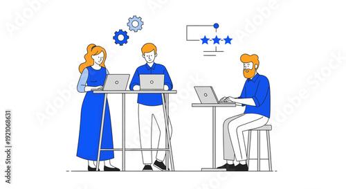 A group of people working together at their desks in an office setting with icons above them.