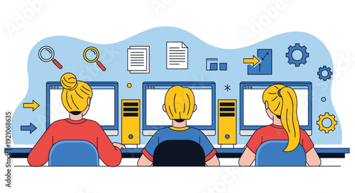 Three people working together on computers in a collaborative environment.