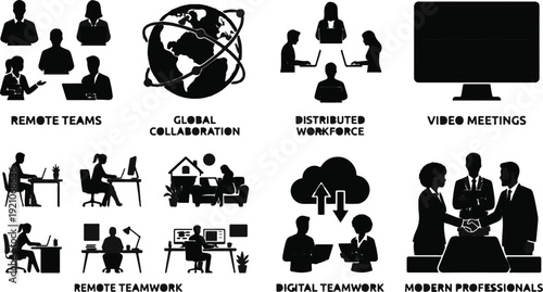 Silhouettes represent remote teams, global collaboration, distributed workforce video meetings remote teamwork digital teamwork and modern professionals illustrating various work styles.
