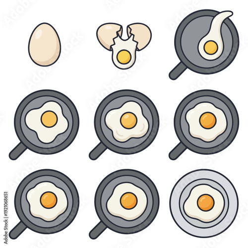 Sunny Side Up Egg Cooking Steps Flat Vector Illustration Set