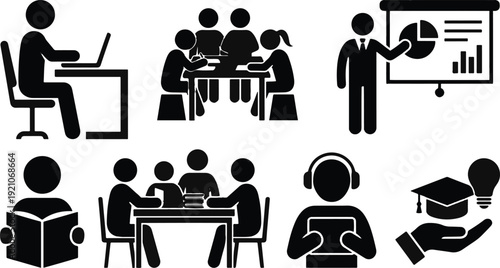 Stylized black figures engage in various learning and presentation activities including using laptops reading and attending meetings symbolizing education and business.