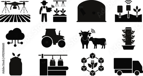 Collection of icons representing various aspects of smart agriculture and modern farming technologies.