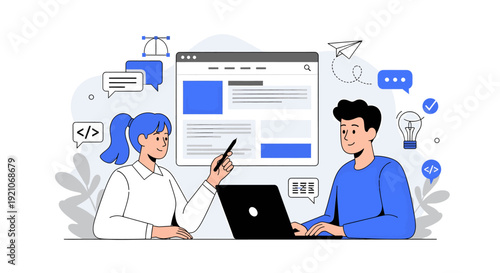 Two people collaborating on a website design project together using a laptop.