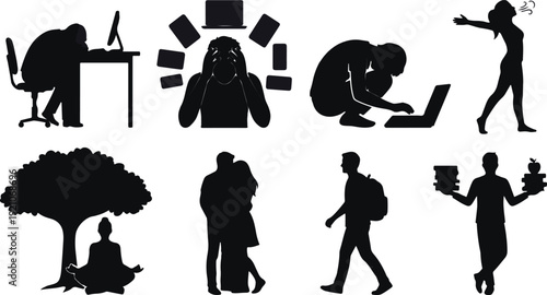 Diverse human silhouettes represent various life activities including stress, relaxation, learning, and connection.