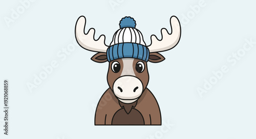 Cartoon Moose Wearing Winter Hat and Antlers.